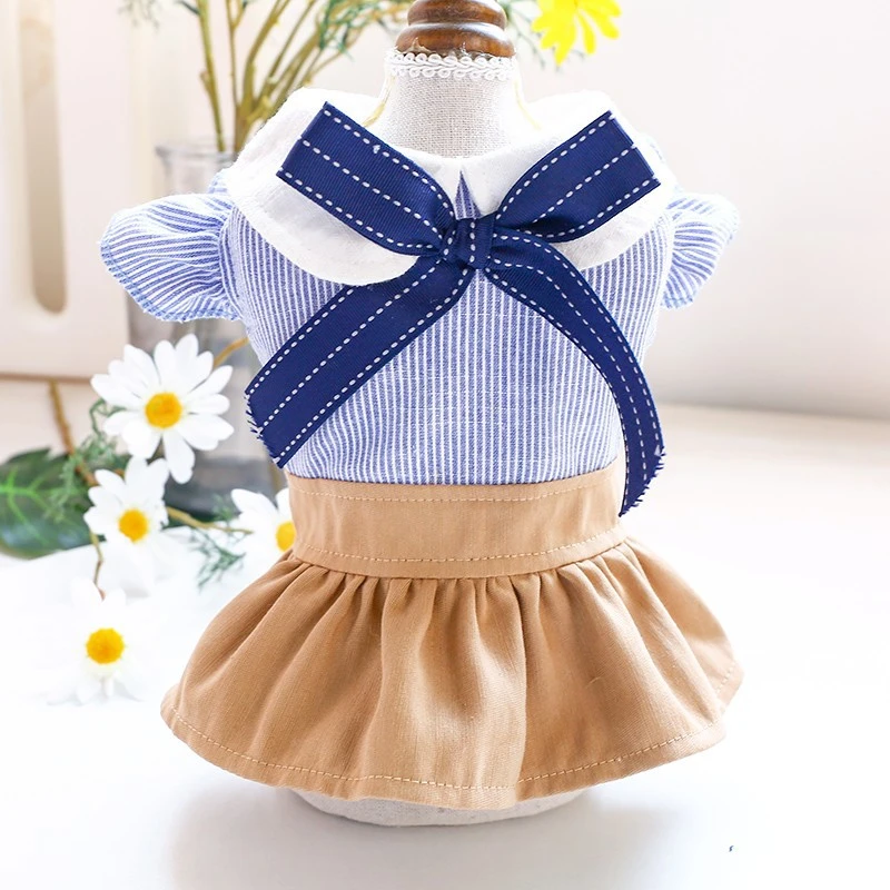 New Arrival Pet Dog Clothes Cute Sweet Teddy Bichon Blue Bow Student Skirt