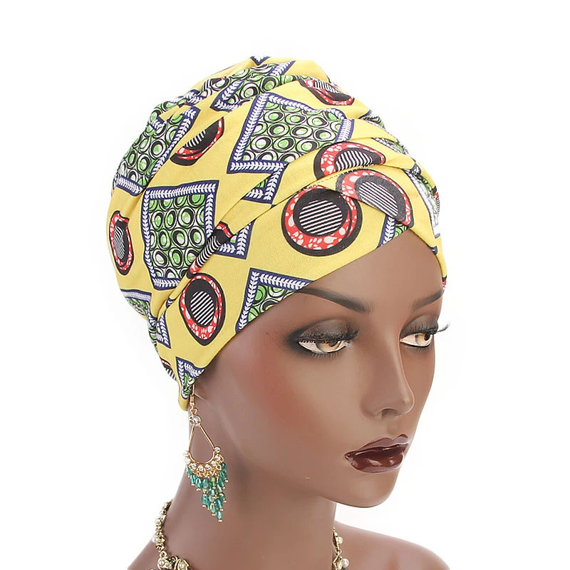 Printed long tail stretch cotton turban hat