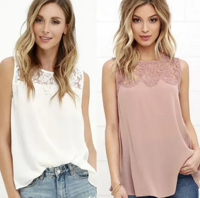 Women Shirts Pink White Floral Lace Chiffon Blouse Shirt