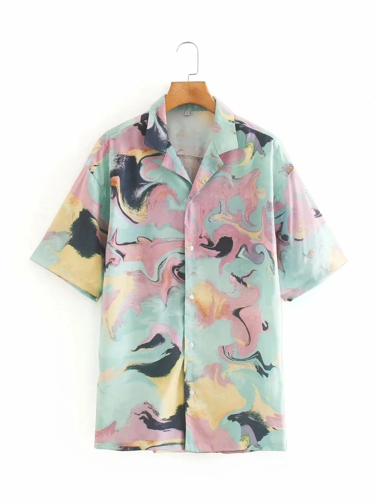 Imitation silk watercolor printed shirt