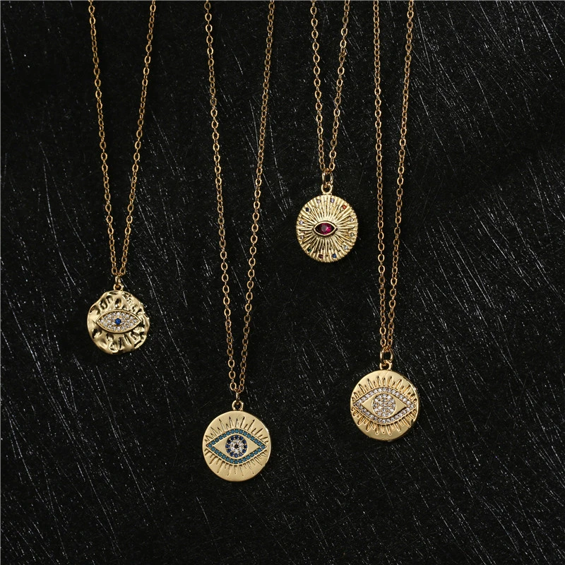 Copper Plated Real Gold Geometric Disc Devil's Eye Pendant Necklace