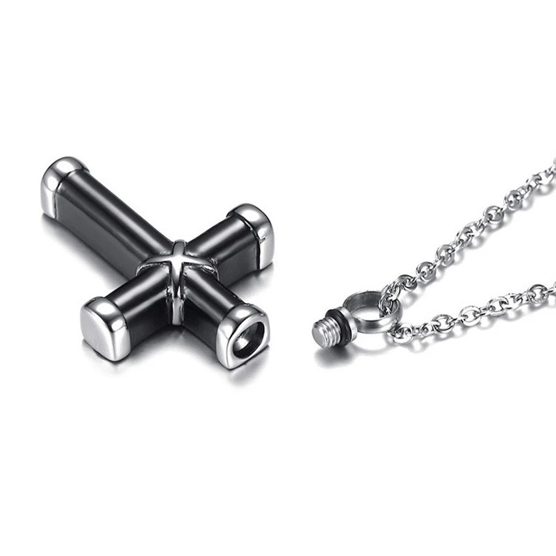 Stainless Steel Cross Urn Pendant Black Necklace
