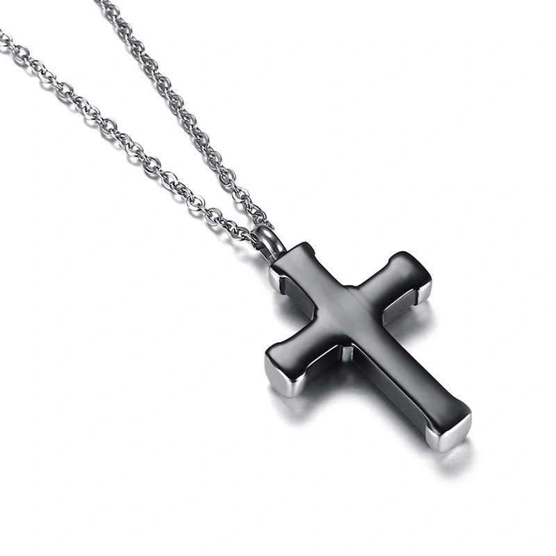 Stainless Steel Cross Urn Pendant Black Necklace