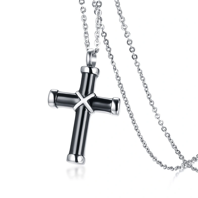 Stainless Steel Cross Urn Pendant Black Necklace