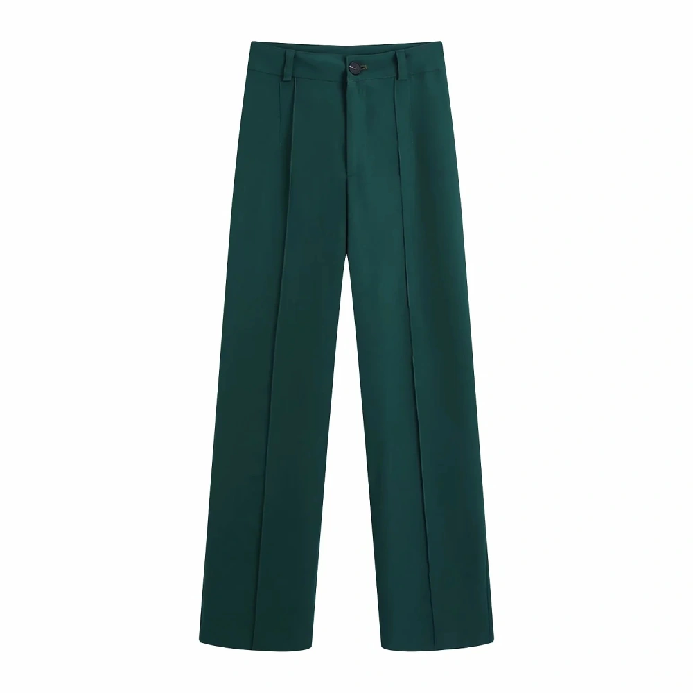 Dark Green High-Waist Straight-Leg Suit Trousers