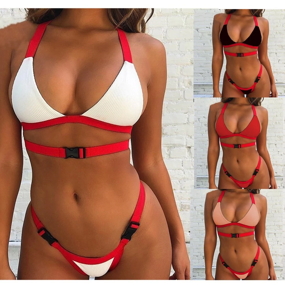 Bikini split solid color buckle swimsuit