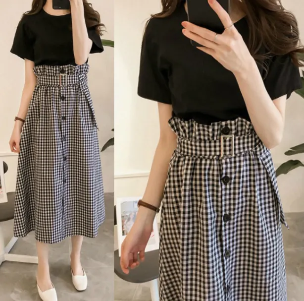 Summer new style large size women's clothing set fat mm cover belly dress ageing fat sister cover two sets of meat