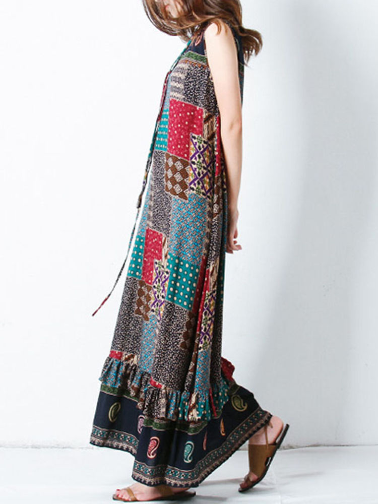Bohemian Women Sleeveless O-Neck Printed Maxi Tank Dress