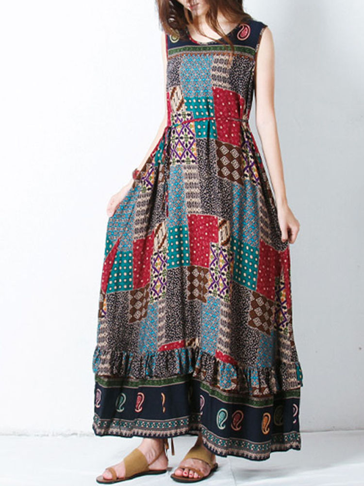 Bohemian Women Sleeveless O-Neck Printed Maxi Tank Dress
