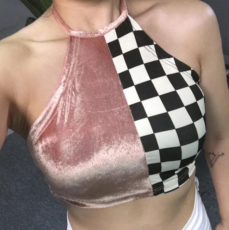 Sexy sling female summer wear hanging neck velvet stitching checkerboard vest