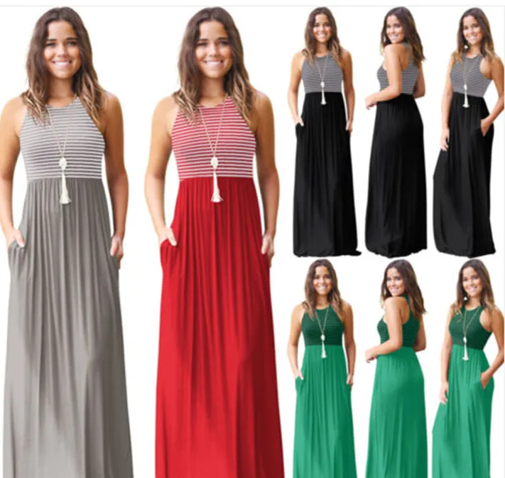round neck slim sleeveless strap striped maxi dress