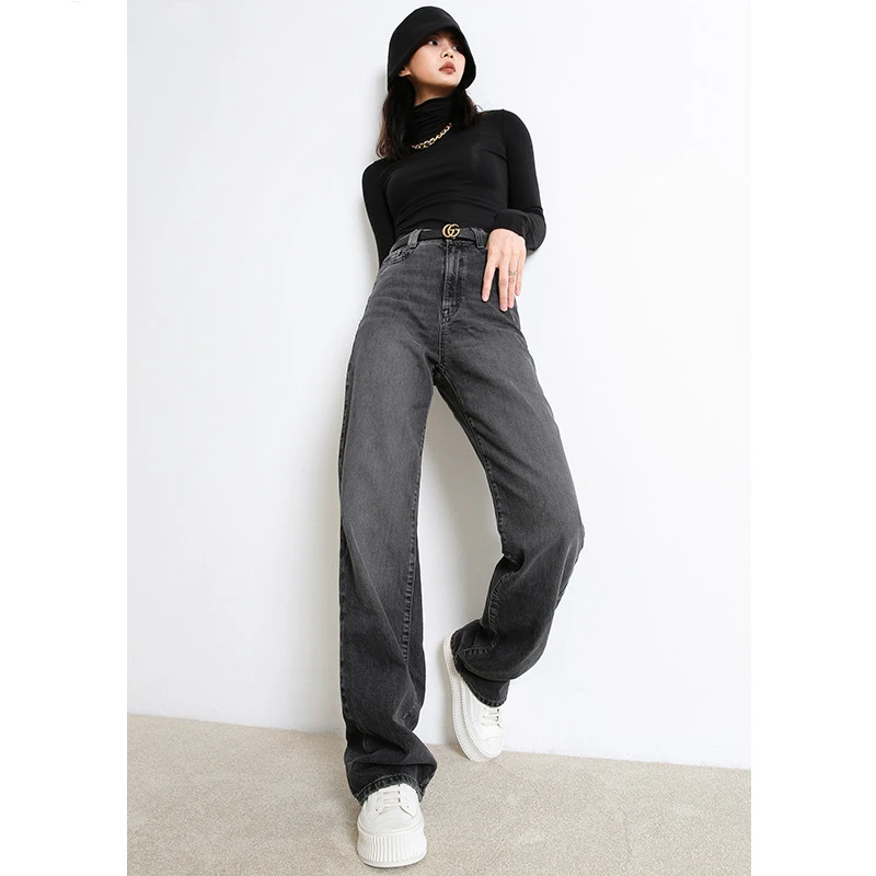 Jeans Women's High Waist Straight Wide Leg Pants  Spring New Smoke Gray Loose Draping Mopping Pants