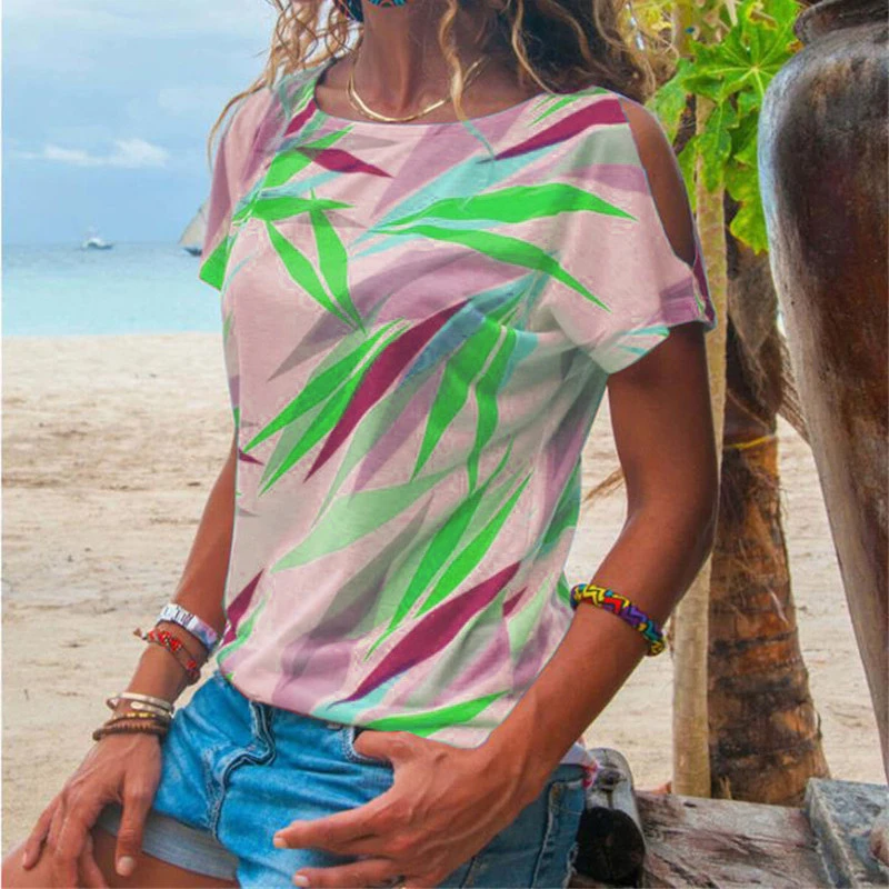 Striped leaf strapless T-shirt