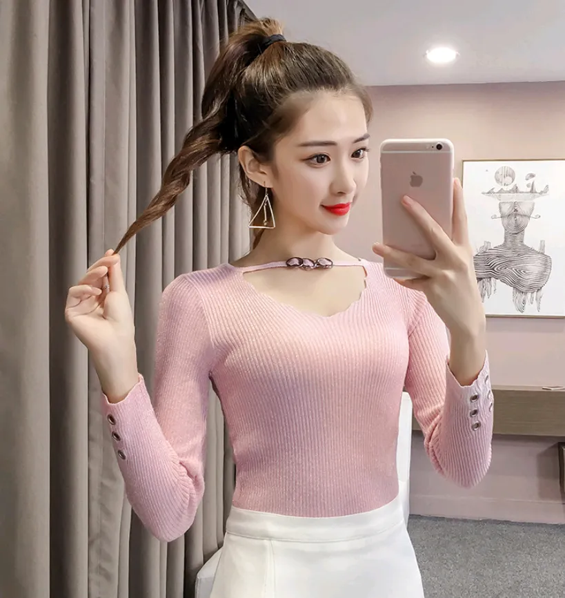 Autumn new temperament bright silk knit shirt women's self-cultivation wild bottoming shirt V-neck long-sleeved sweater