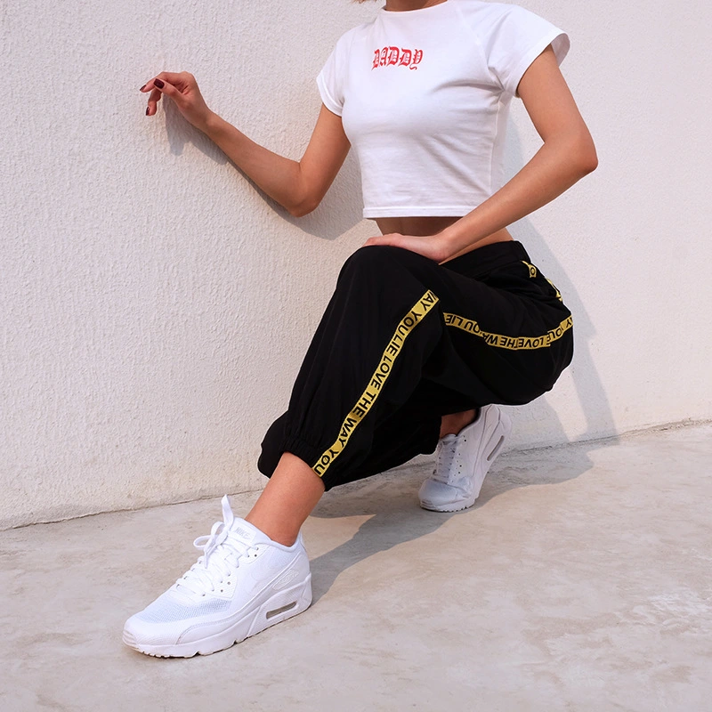 summer foreign trade original single women's new high waist elastic casual pants ribbon stitching contrast color beam pants