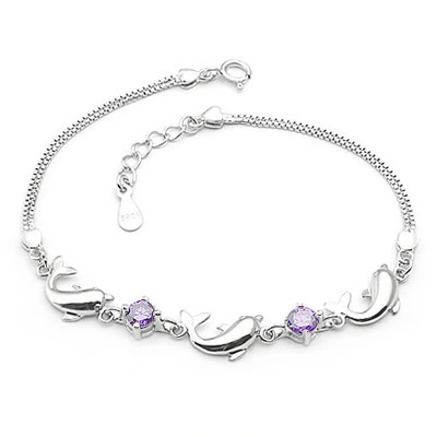 925 Sterling Silver Bracelet wholesale, dolphin Amethyst Bracelet, women's short silver jewelry