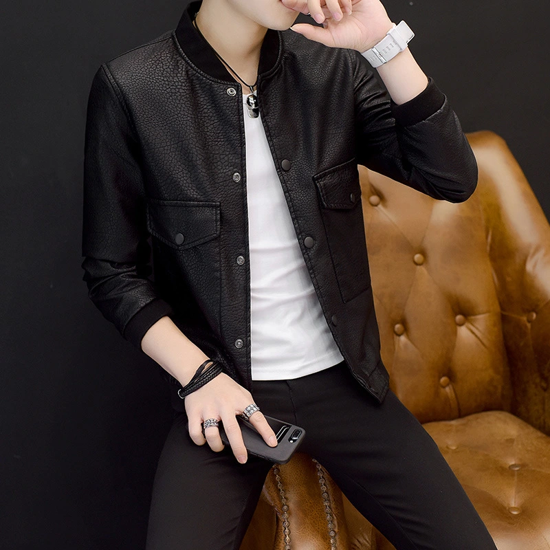 Stand-up collar slim leather jacket