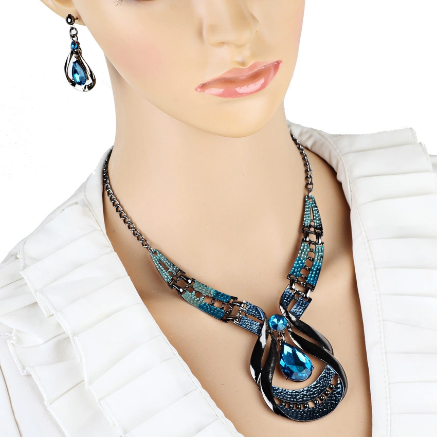 European and American jewellery suit, exotic, antique, oil blue, blue jewel necklace, water drop suit earring clavicle chain