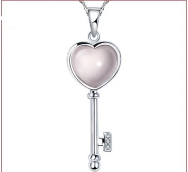 New Arrival Fashion Love Heart Key Opal Gem Stone 925 Sterling Silver Ladies Pendant Necklaces Jewelry Gift Christmas