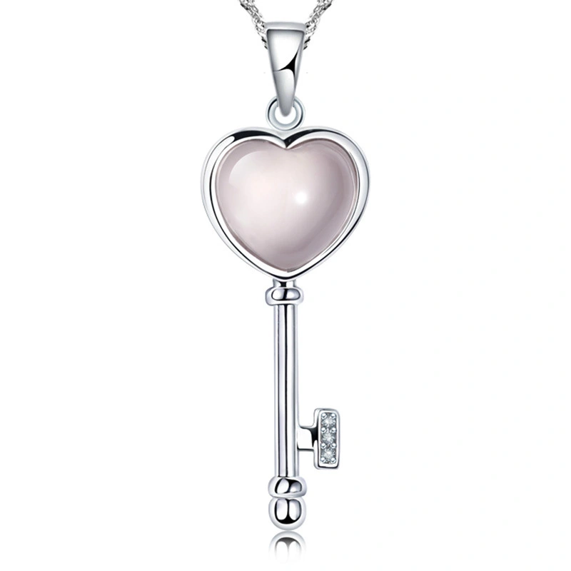 New Arrival Fashion Love Heart Key Opal Gem Stone 925 Sterling Silver Ladies Pendant Necklaces Jewelry Gift Christmas