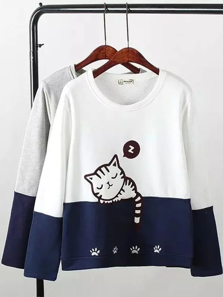 Color-block cartoon cat animal embroidered sweater