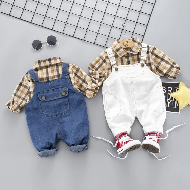 Children's long-sleeved plaid shirt denim strap cover