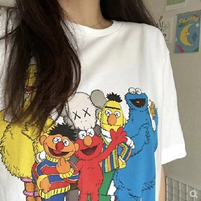Ins super-hot kaws Sesame Street cartoon children''s fun short sleeve Jay chou''s same T-shirt women''s loose lover jacket BF