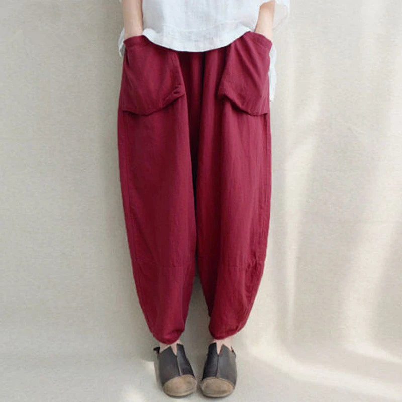 Women Autumn Elastic Waist Solid Pockets Harem Pants Cotton Linen Loose Long Capris Pantalon Trousers Plus Size