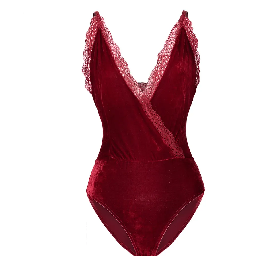 Autumn and winter velvet stitching lace sexy V-neck sling backless jumpsuit female