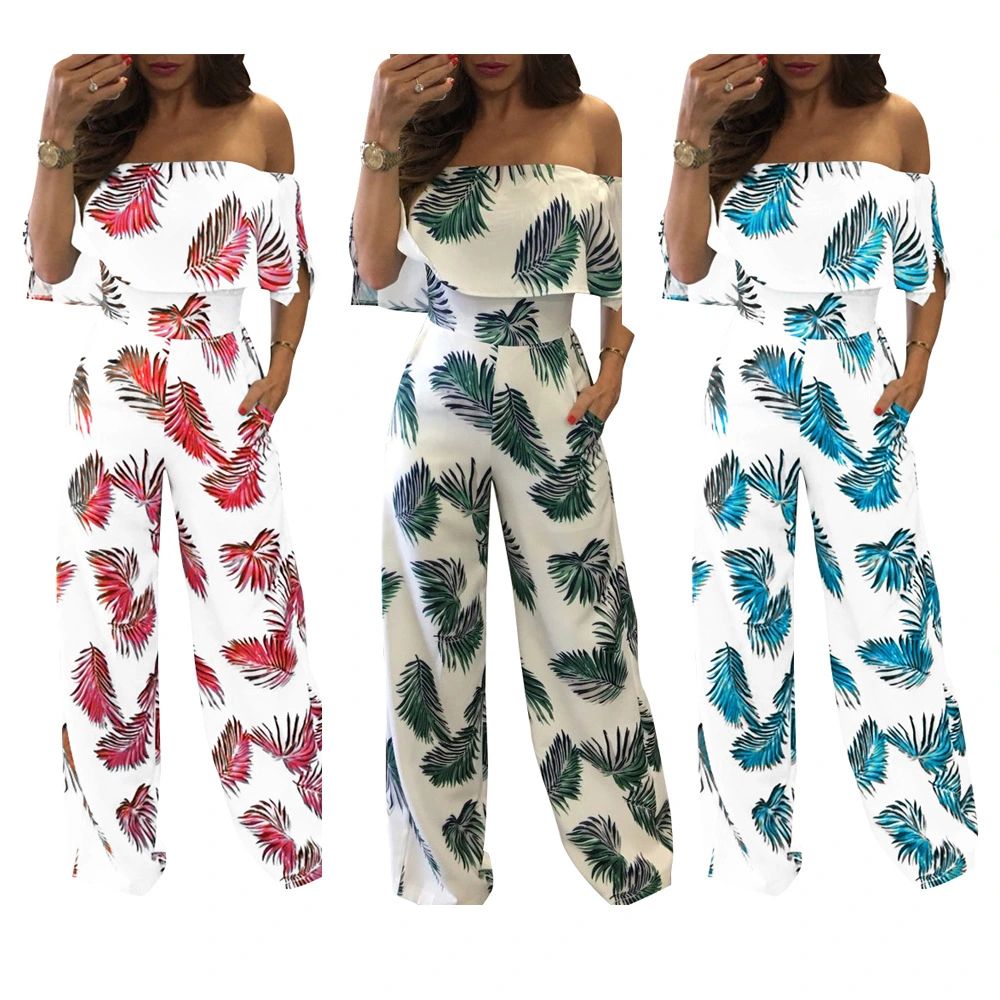 Printed word collar ruffled loose jumpsuit
