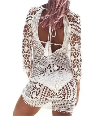 Beach holiday sun protection clothing sexy openwork lace hook flower back dress bikini blouse