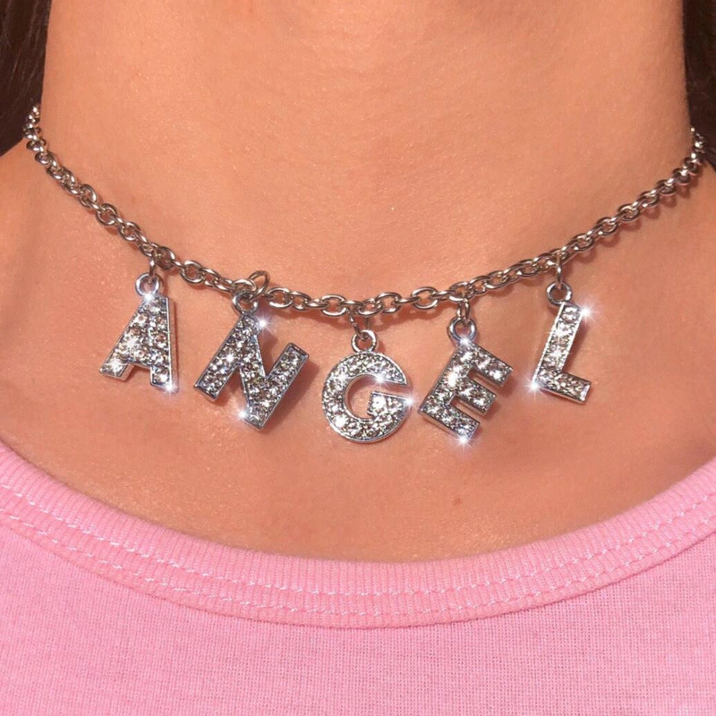 Angel Letter Bling Bling 90s Aesthetic  Necklace Women Choker Unisex DIY Name necklace Aesthetic Jewelry Femme Collier Drop Ship