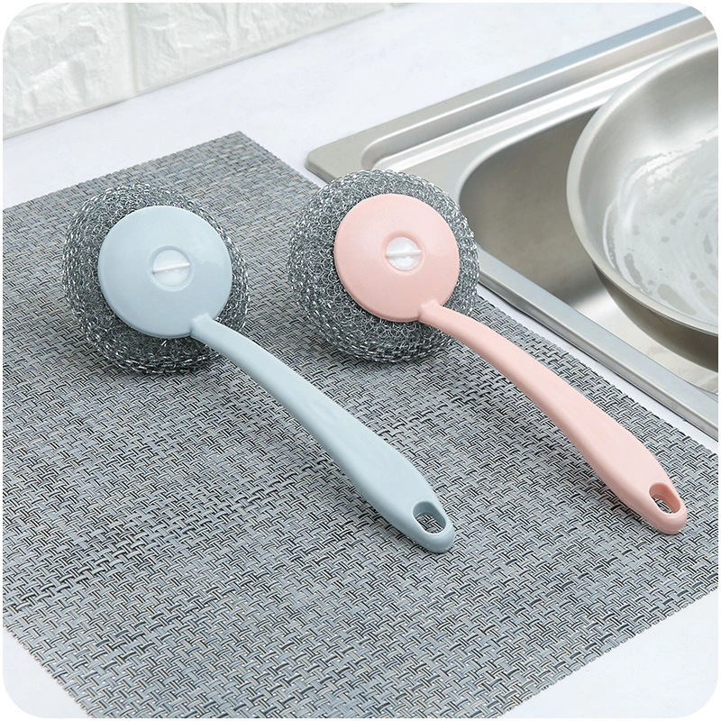 Household decontamination long handle wire washing pot brush E444 kitchen stainless steel cleaning sink stove cleaning brush