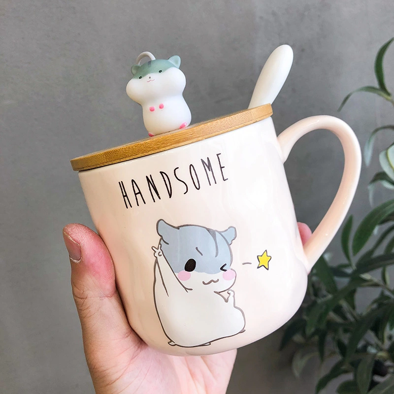 Creative Cartoon Hamster With Lid And Spoon Color Glaze Ceramic Cup