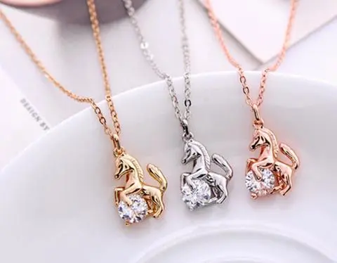 Horse and Crystal Pendant Necklace Gold Silver Rose