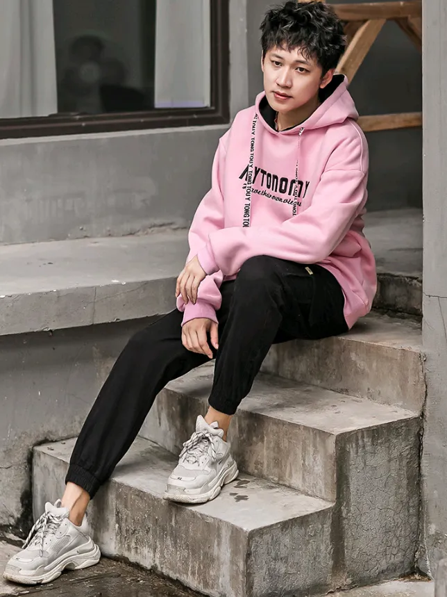 Men's original letter embroidery hoodie long-sleeved loose contrast color hooded hood and cashmere sweater