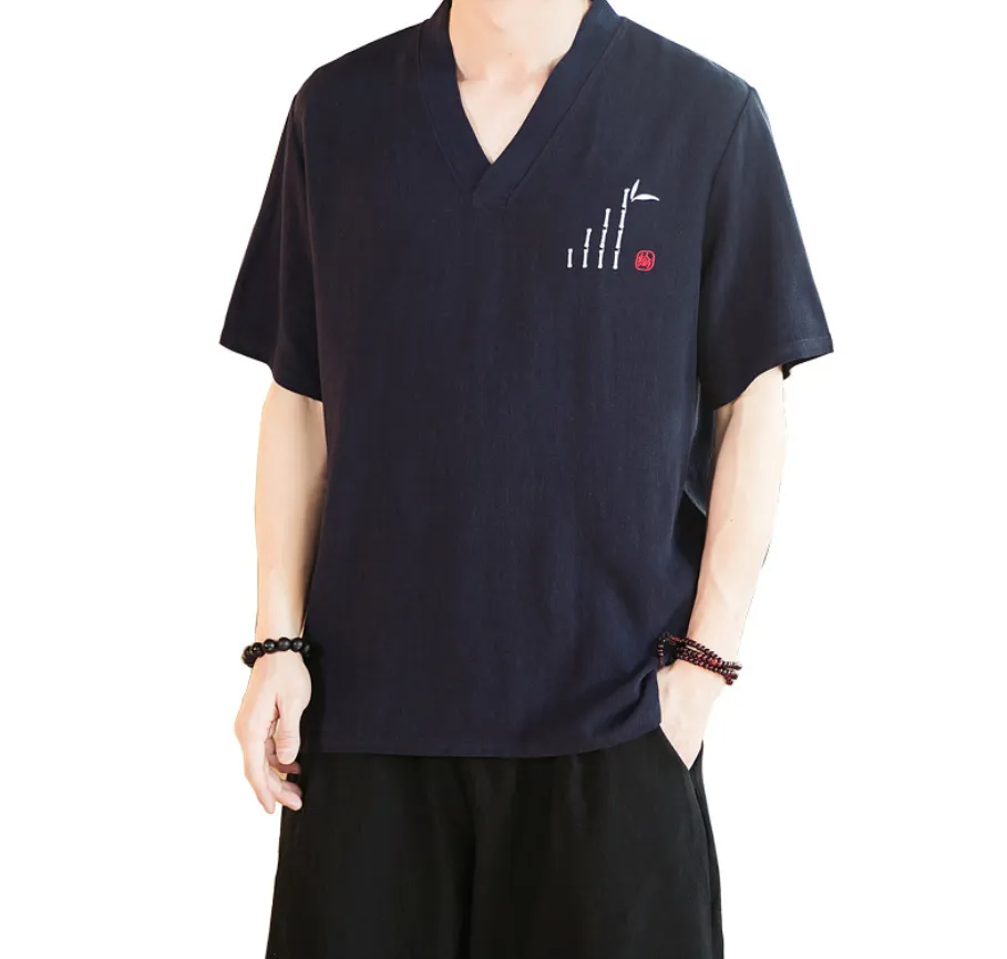 Embroidered cotton and linen short sleeve V-neck