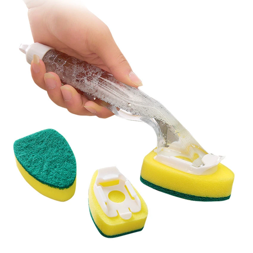 Automatic Liquid Filling Long Handle Sponge Cleaning Brush Kitchen Artifact