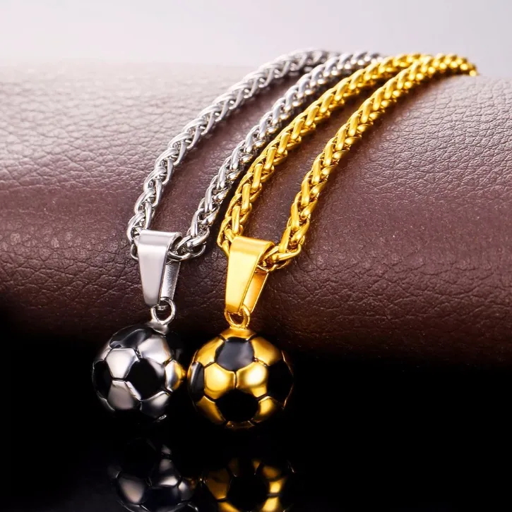 Sporty Gym Jewelry Gift 316L Stainless Steel 18K Gold Plated Football Soccer Necklace for Men Boy