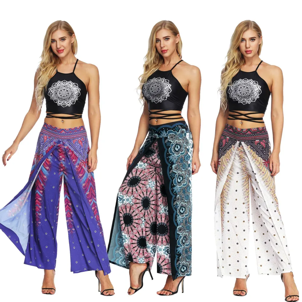 Women's Wide Leg Boho Yoga Harem Pants Comfy Gypsy Hippie Indian Thailand Bohemian Palazzo Pants Smocked Waist