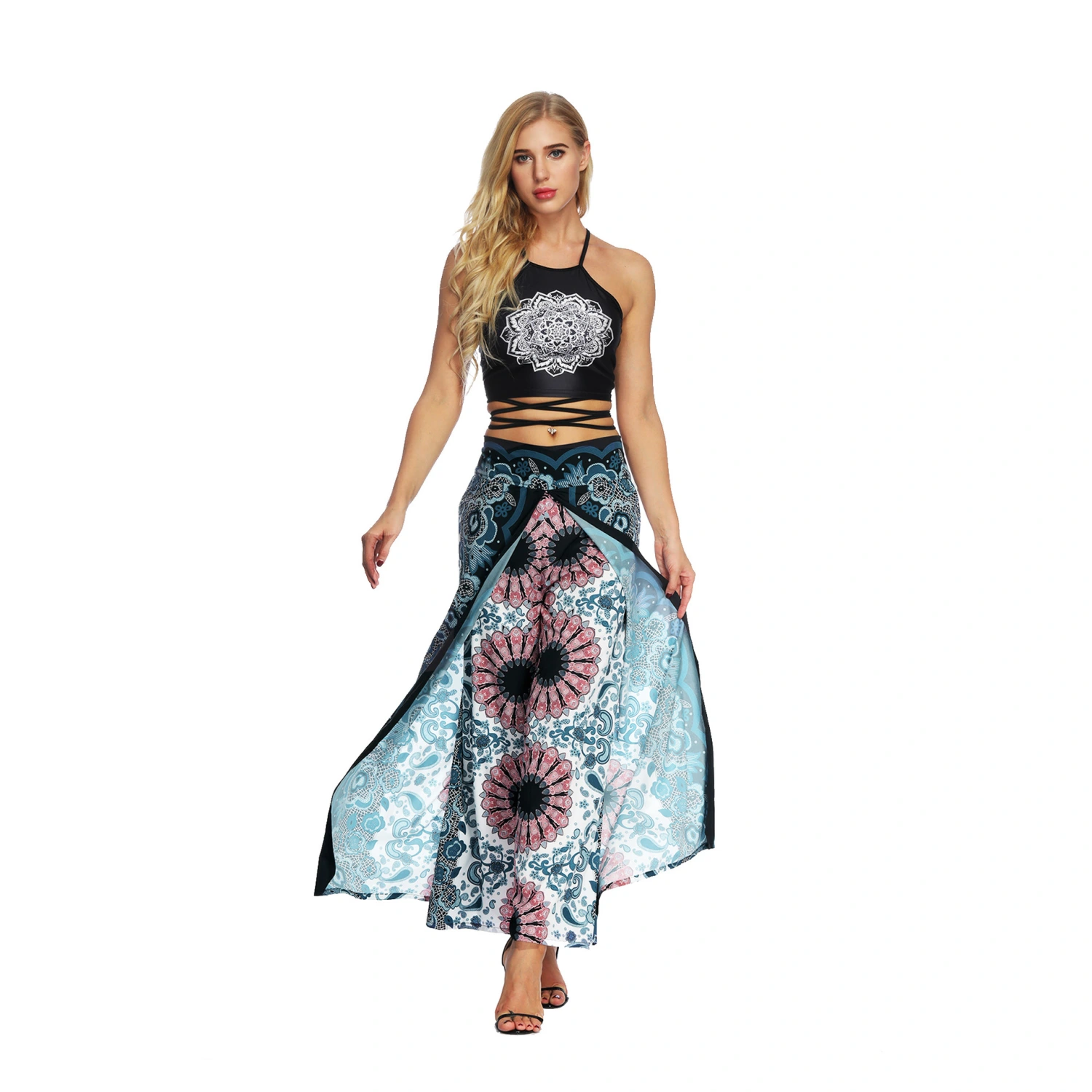 Women's Wide Leg Boho Yoga Harem Pants Comfy Gypsy Hippie Indian Thailand Bohemian Palazzo Pants Smocked Waist
