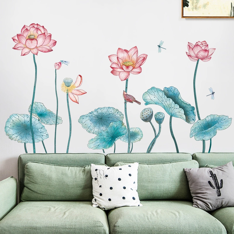 Chinese style wall stickers bedroom warm wall lotus stickers