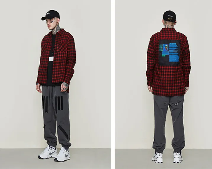 Hip hop personality short short long men's patch embroidered plaid long sleeve shirt