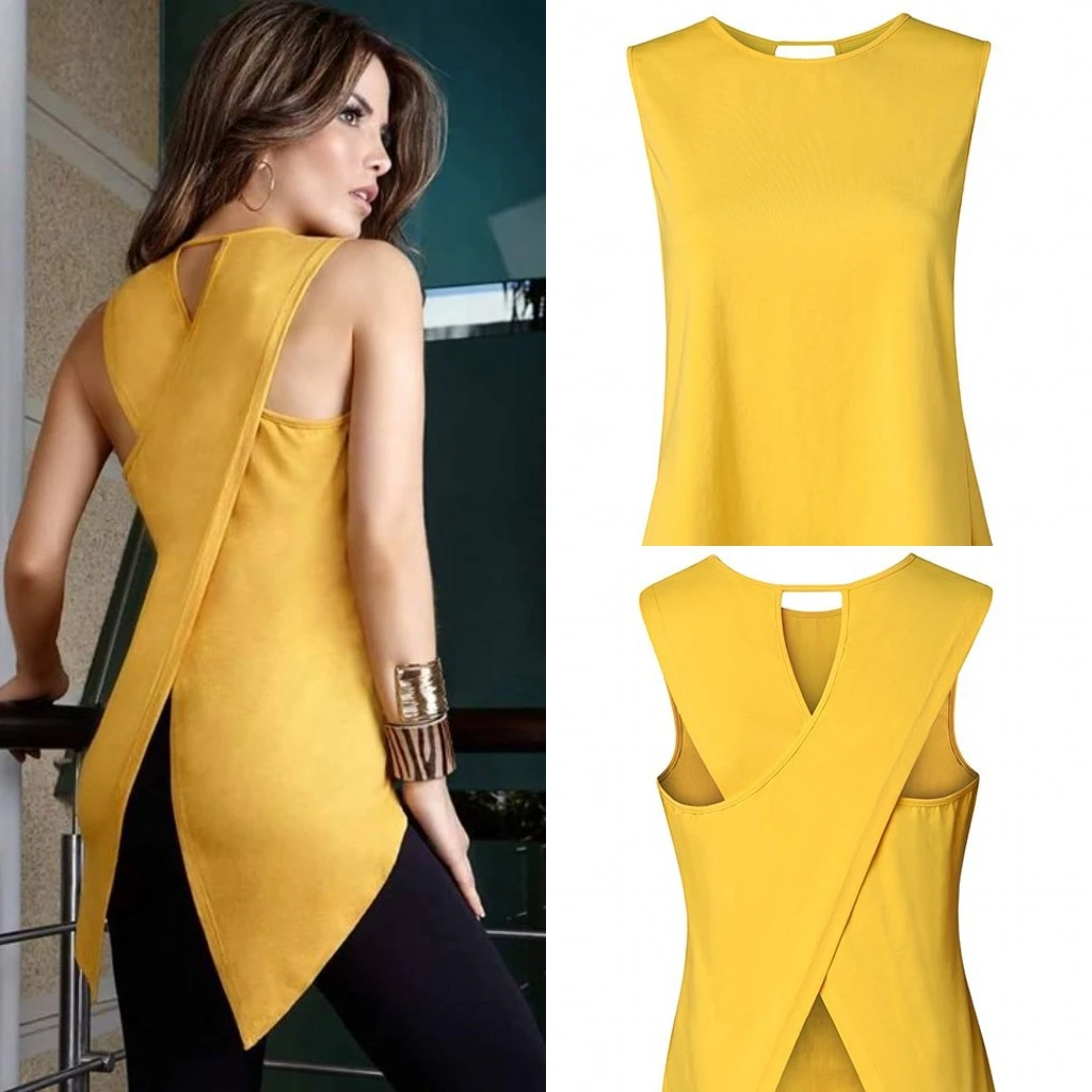 Round neck cross-back solid color slim t-shirt