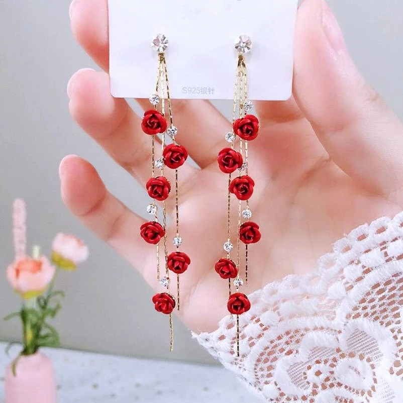 Temperament Long Tassel Earrings Rose Earrings Women