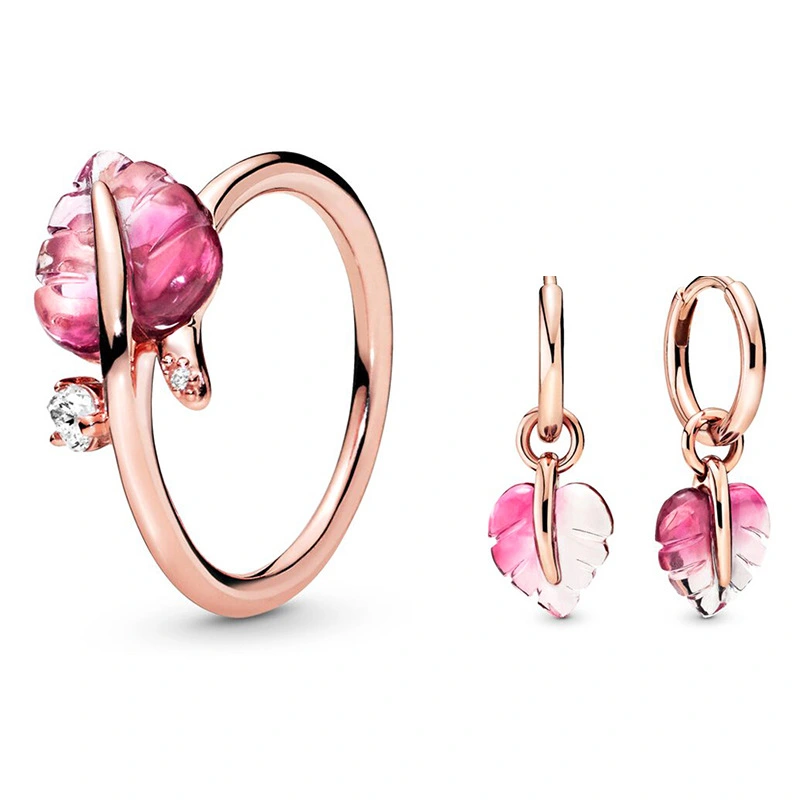 Pink Murano Fallen Leaves Ring + Earrings