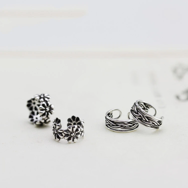 Thai silver five petal flower ear clip earrings