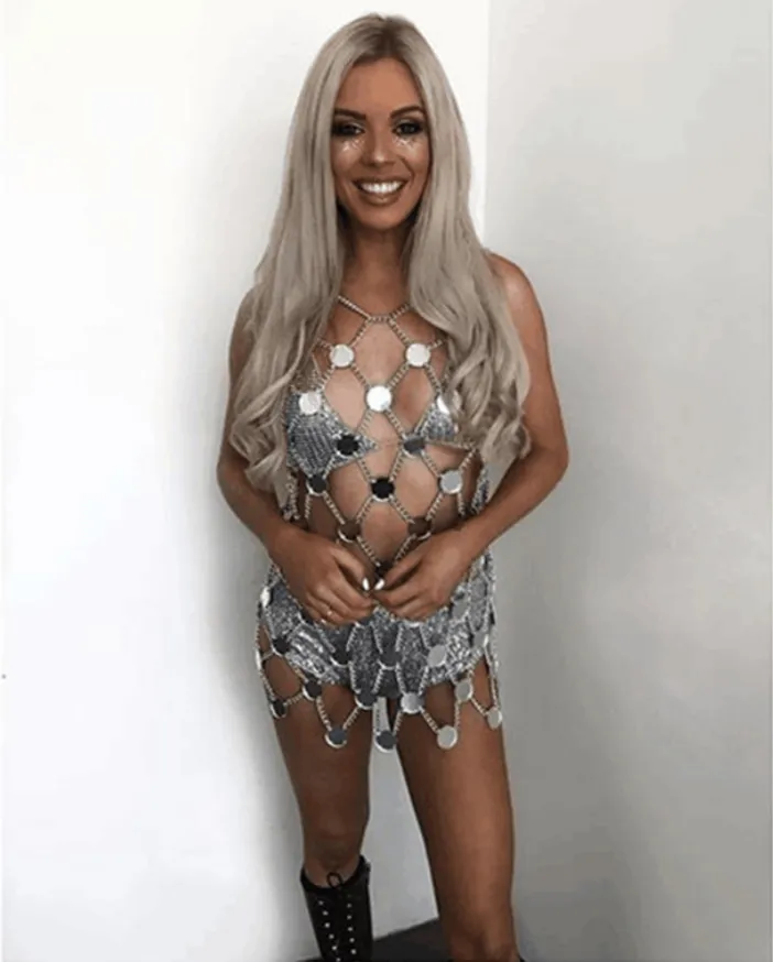 Summer new European and American night club exaggerated fishing net acrylic Sequin dress