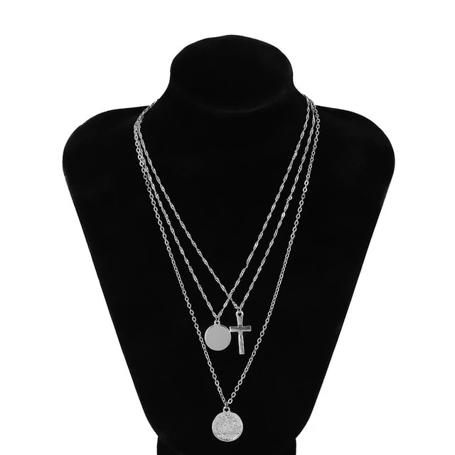 Vintage cross coin multilayer necklace