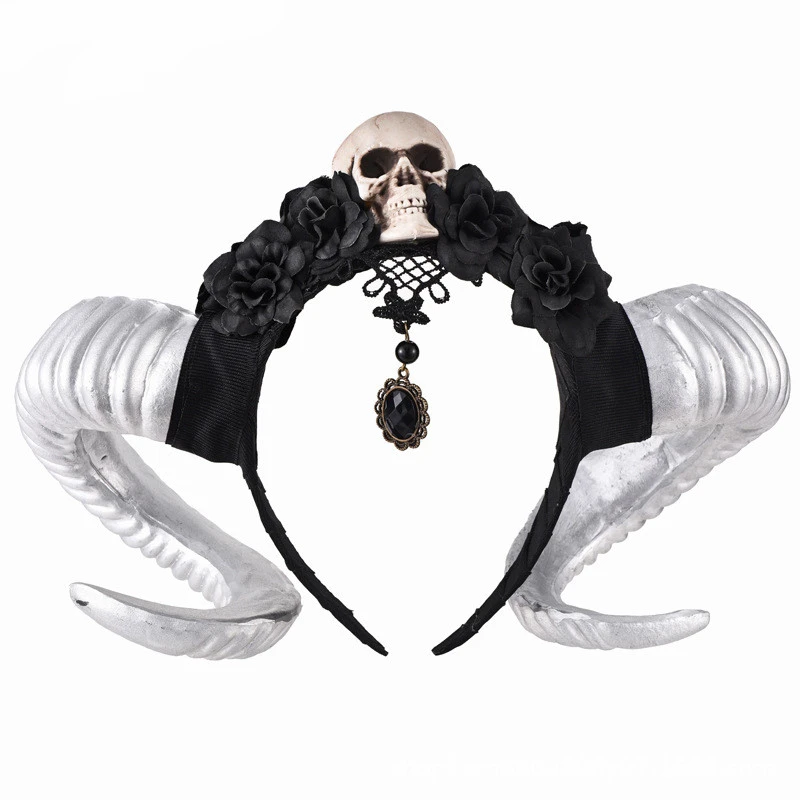 Sheep Horn Veil Skull Black Flower Headband